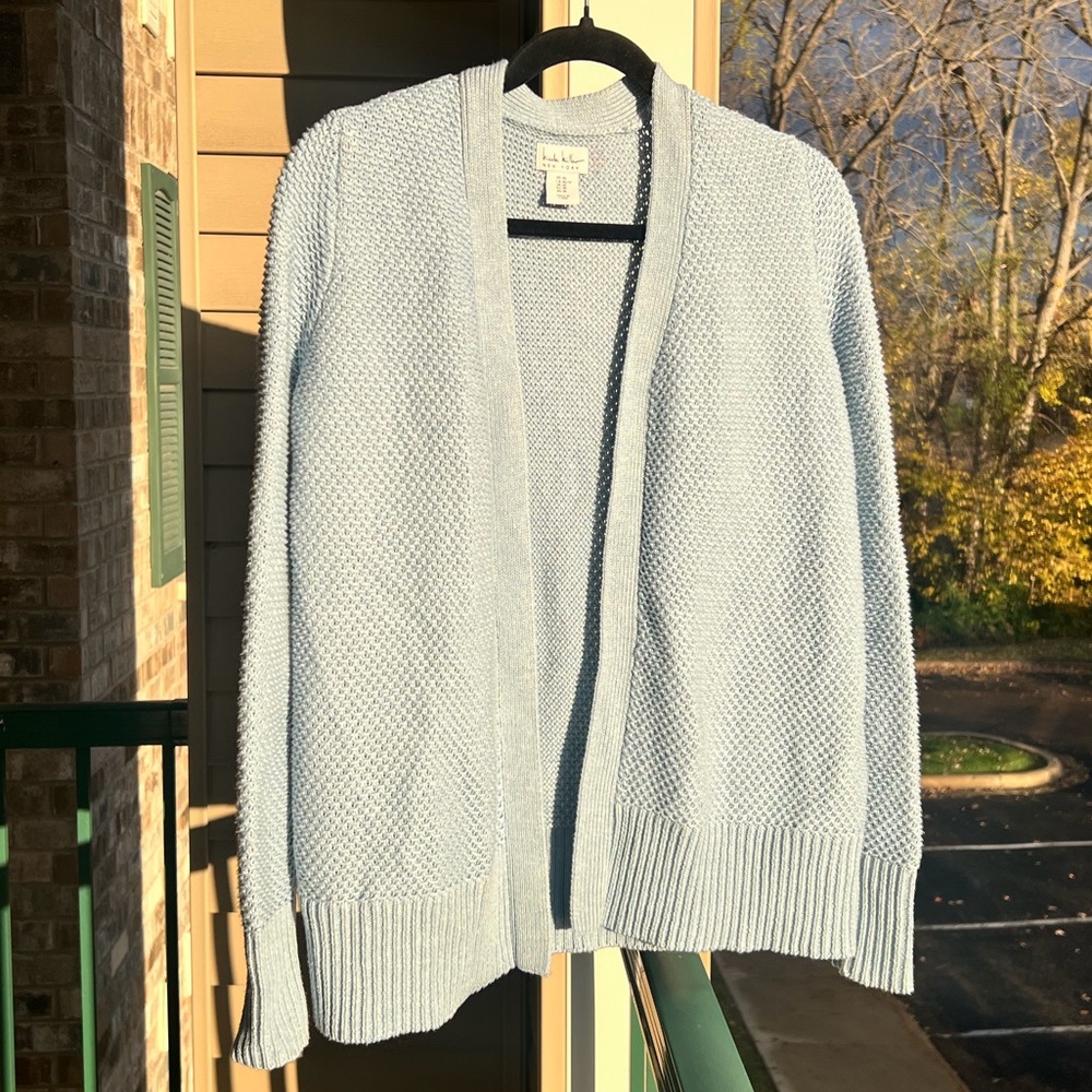 🆕 Nicole Miller New York Blue Open Front Textured Knit Cardigan Sweater Size XS - Picture 3 of 15